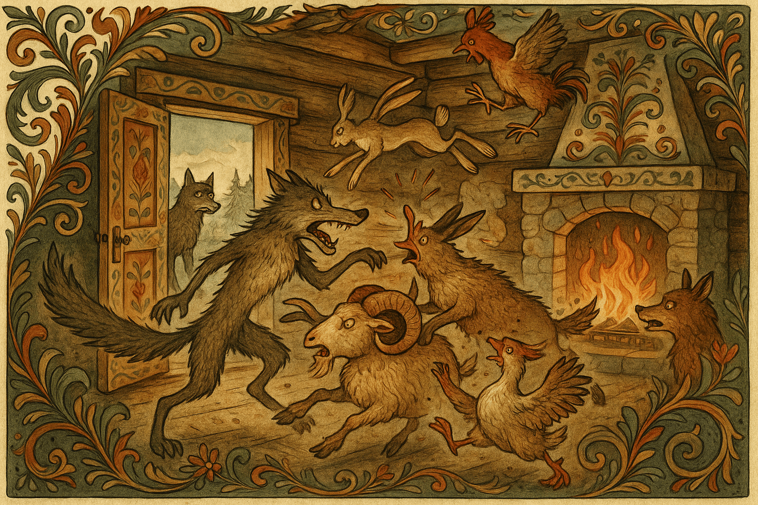 Ulven blir overrasket inne i huset; væren stanger ham mot peisen mens grisen biter, gåsa hvester, hanen galer oppå bjelken, og en ulv står utenfor og hører forklaringen.