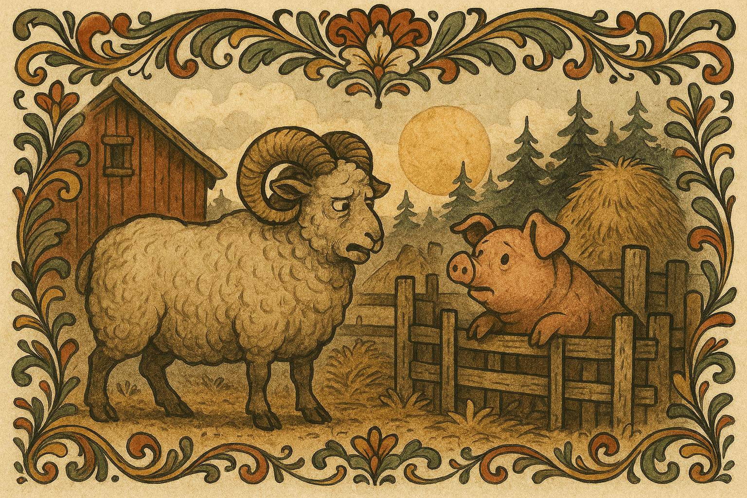 En feit væren går ut av gården ved skumring og snakker med grisen ved grisehuset; låve, høy og grantrær i bakgrunnen.