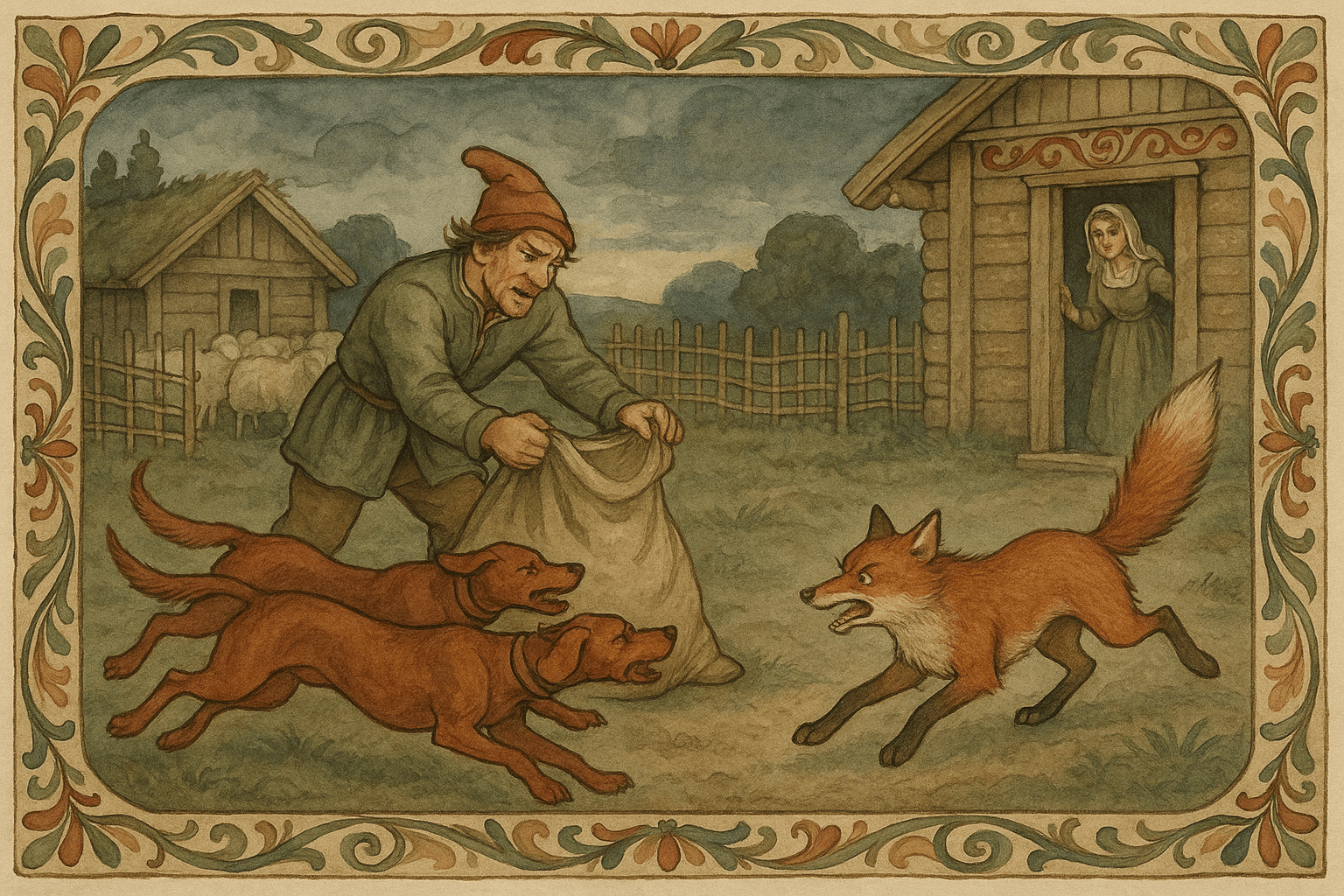 Mannen slipper to sinte røde hunder ut av sekken mot reven ved sauehuset, og reven gjør et hopp og ser forrådt ut mens gården ligger i bakgrunnen. Scenen viser svik og følge av løftebrudd.