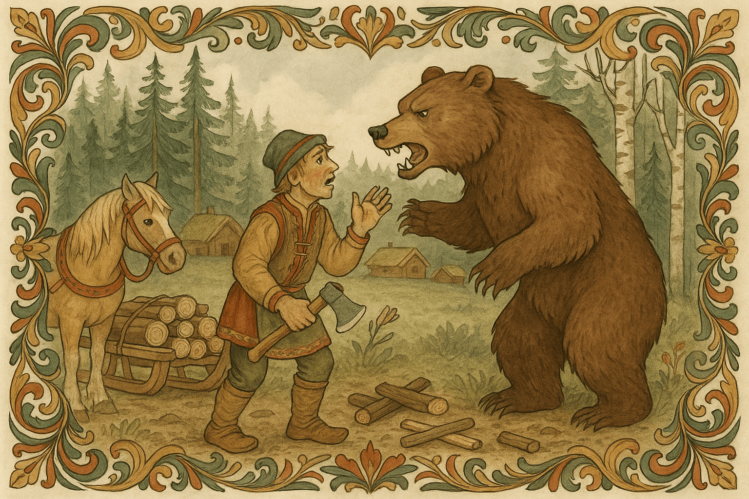 En bekymret mann med øks og lass ved ved siden av hesten står i en furuskog ansikt til ansikt med en truende bjørn. Skog, ved og en hest danner bakgrunn for den anspente konfrontasjonen.