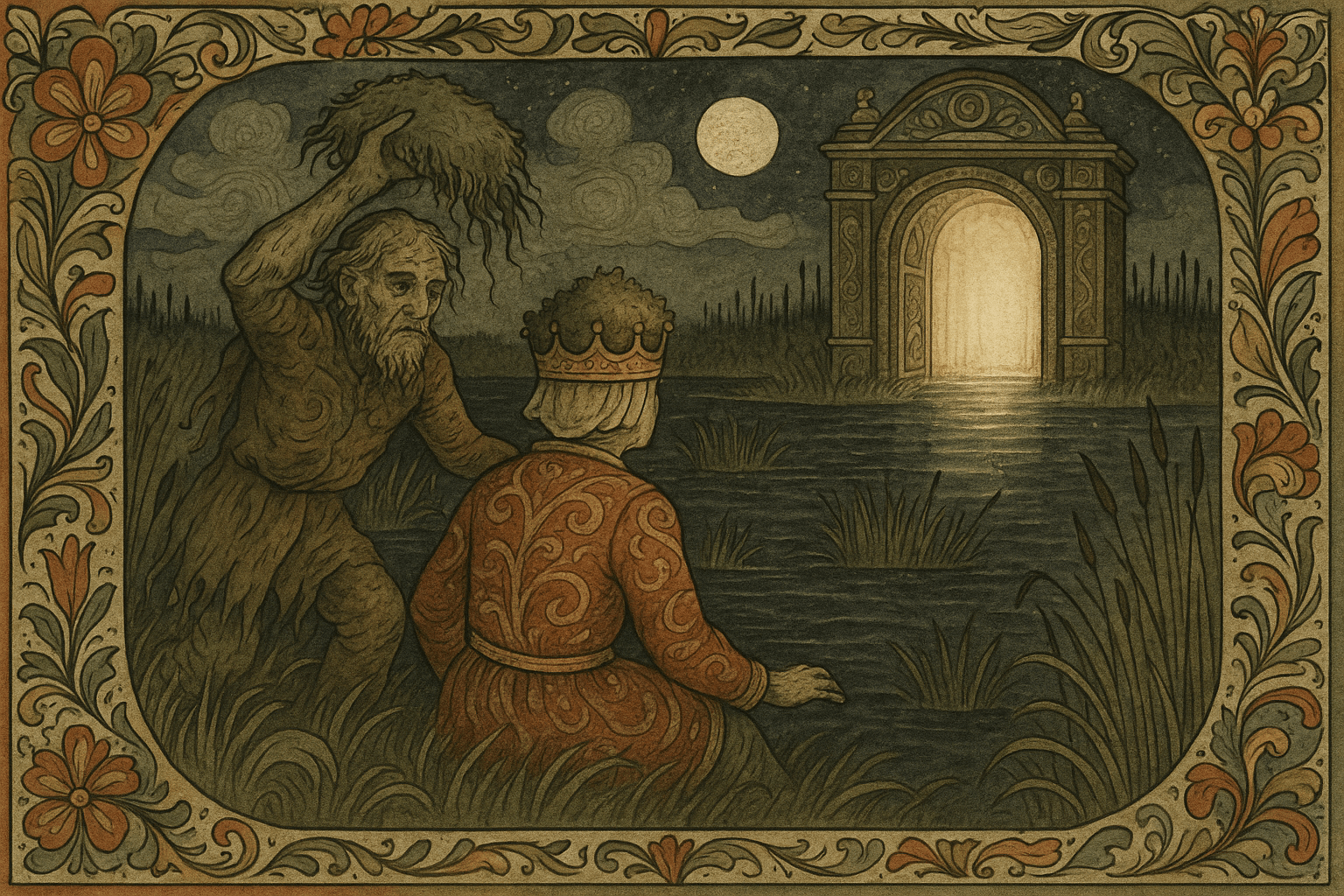 Dødningen legger en gresstorv på hodet til brudgommen, og de går gjennom myr og mørke mot en stor port som åpner seg i et stigende lys.