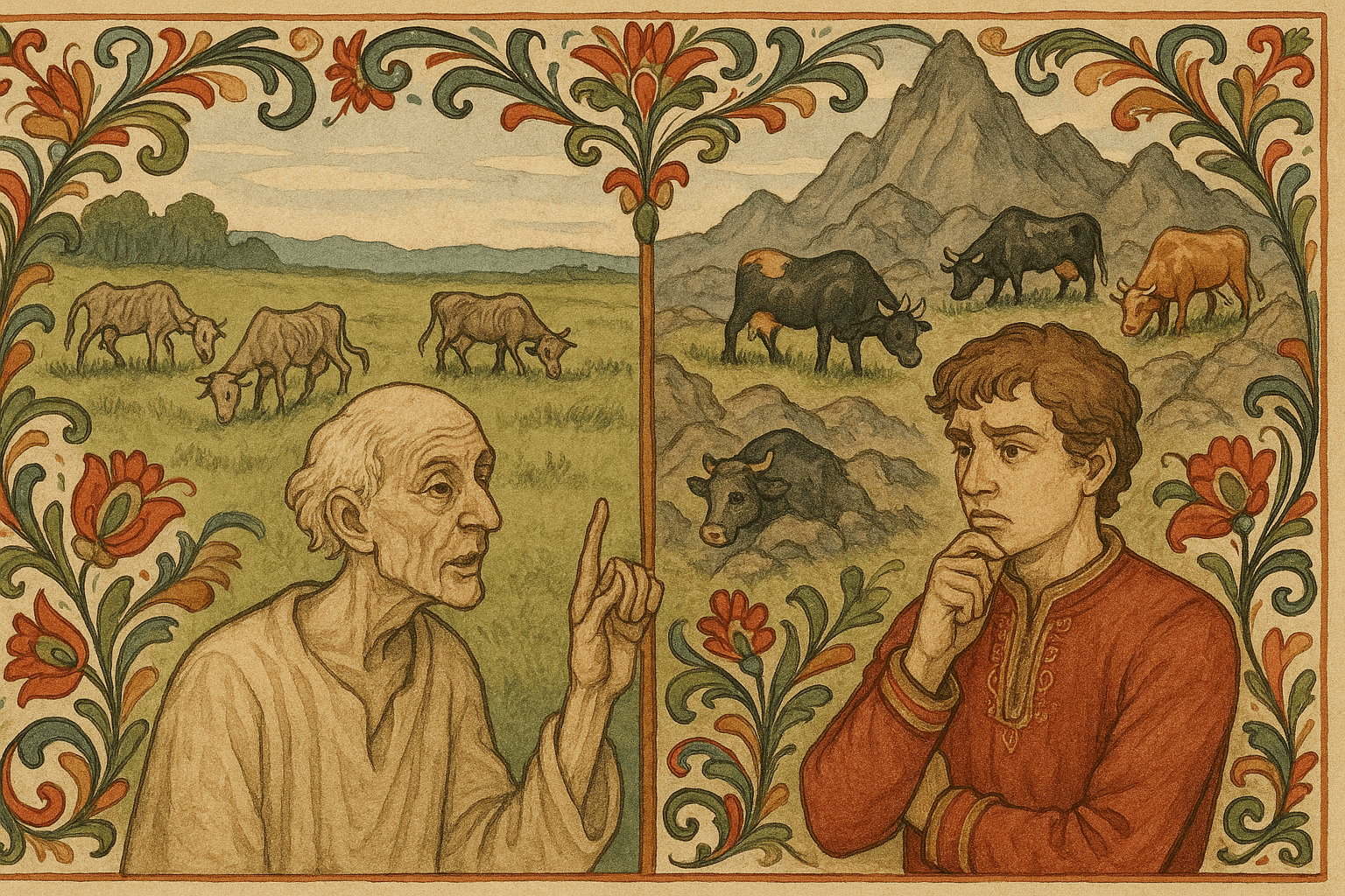 To flokker med kveg står mot hverandre: magre kyr på frodig eng og feite, skinnende dyr på karrige fjellbeiter, i et vidt nordisk landskap.