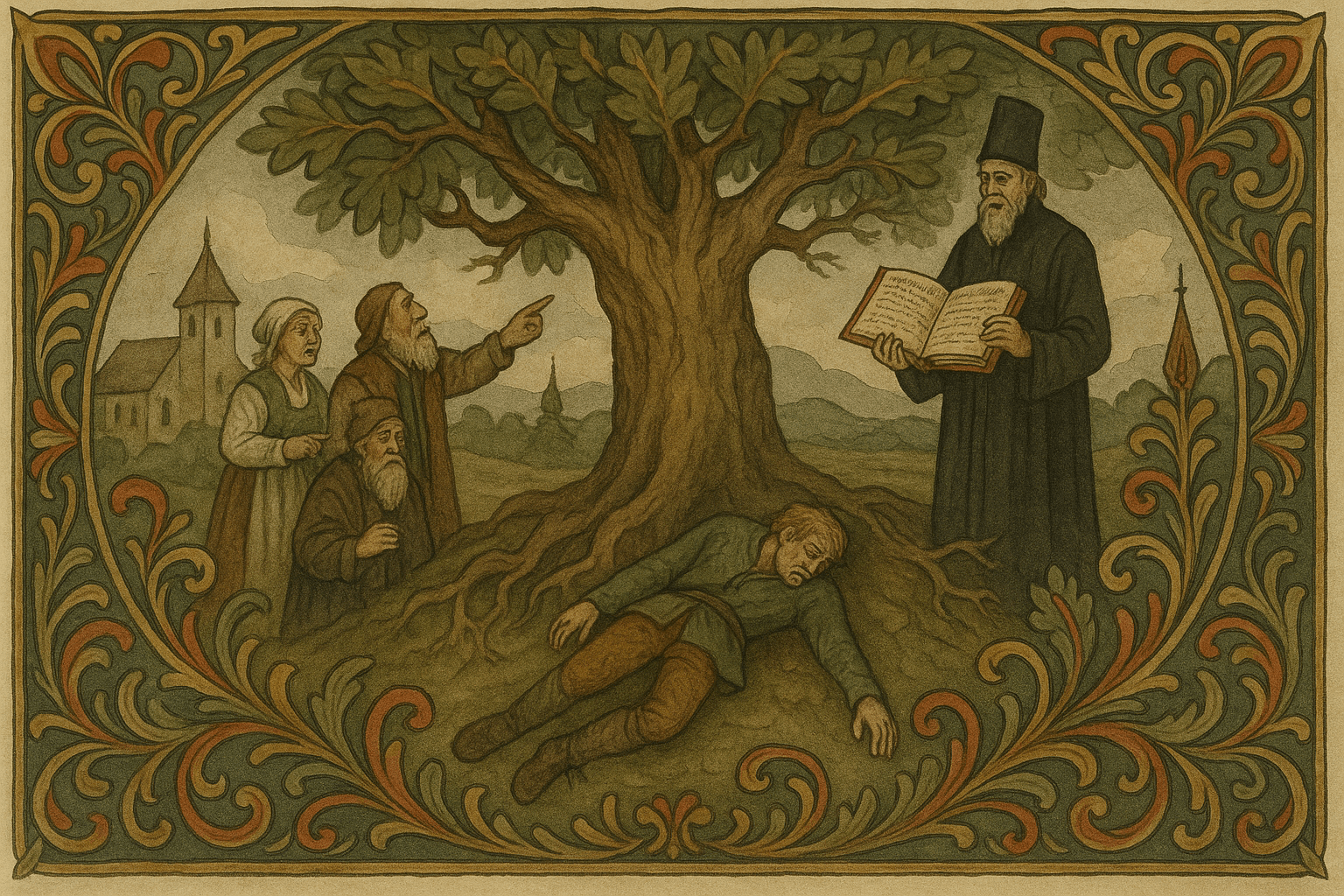 Han ser en enorm eik ved prestegården, får vite i kirkebøkene at det er gått fire hundre år, og klatrer i eika før han glir ned og faller.