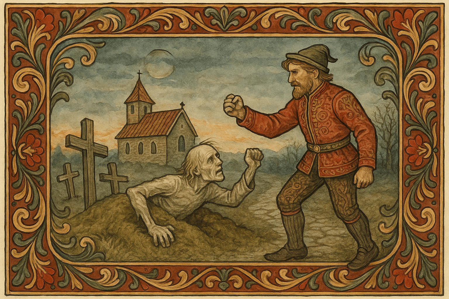 Brudgommen banker på en gammel grav på kirkegården mens en dødning stiger opp fra jorden ved siden av trebårer og en steinkirke i bakgrunnen.