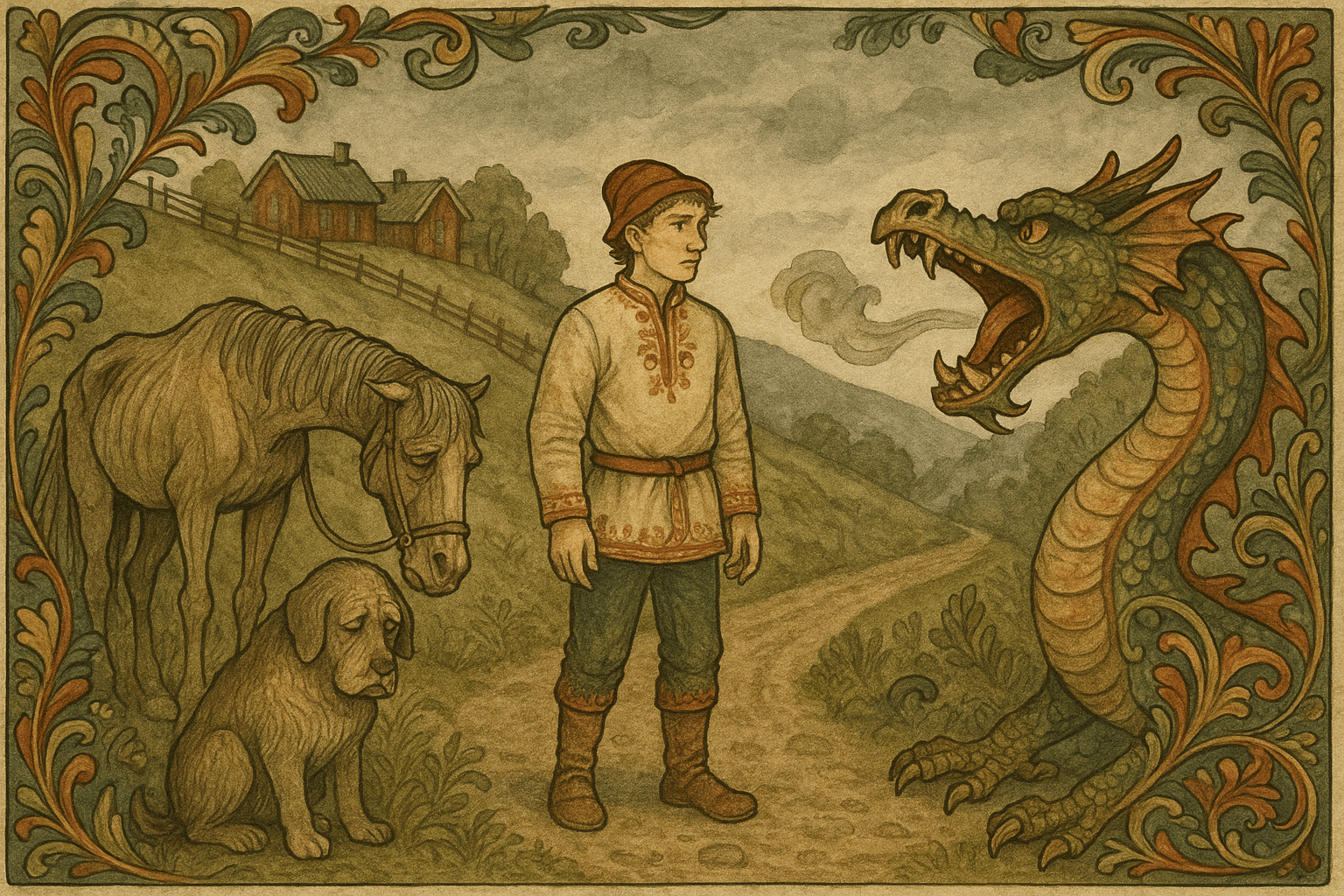 Mannen står mellom en truende drage og to gamle dyr — en hund og en hest — på veien langs lia, mens de forteller om urettferdig behandling de har fått. Scenen er spent og sorgfull.