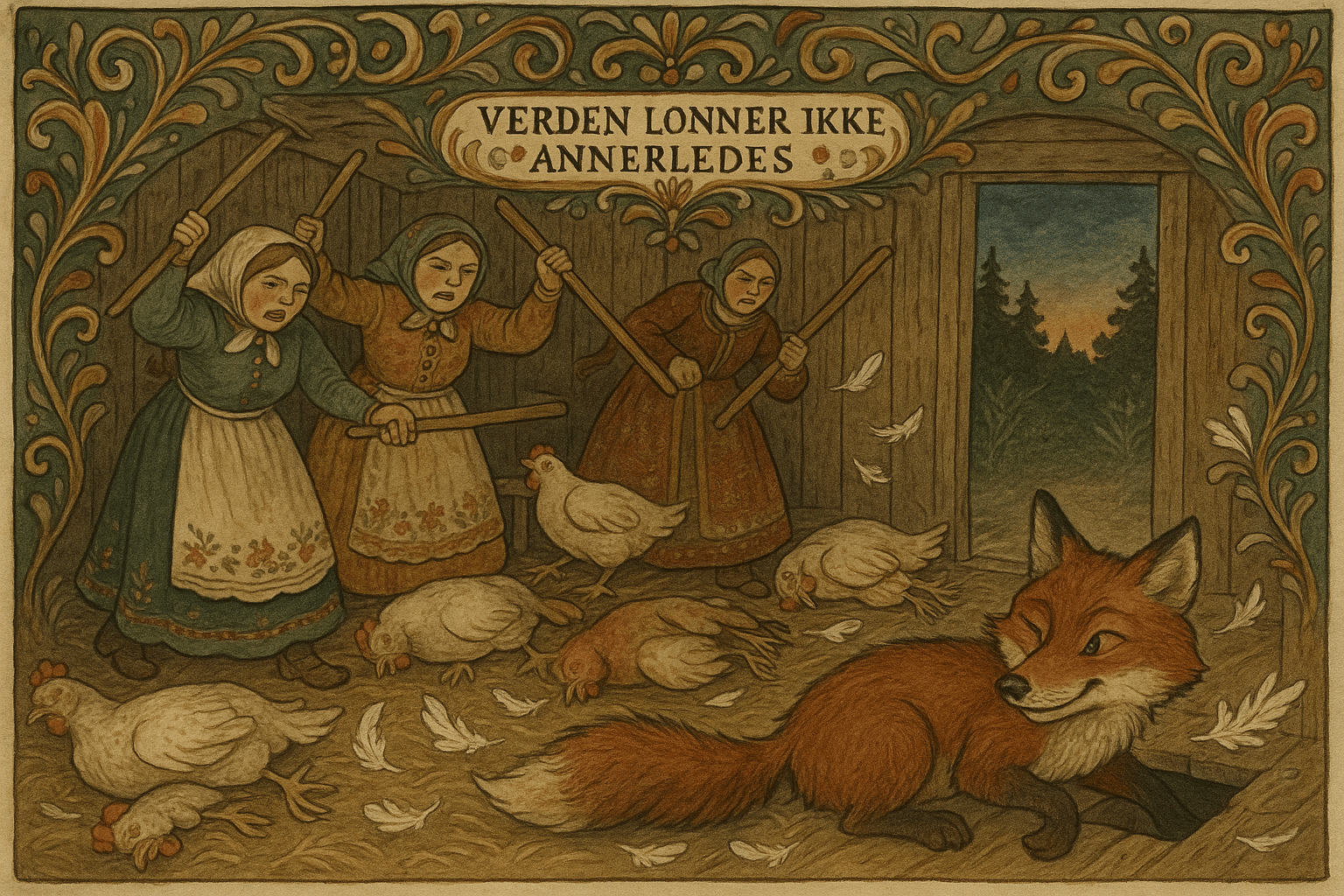 Reven ligger stappfull i hønsehuset mens kvinner slår med staur; reven smetter gjennom et hull i gulvet og kommer seg unna. Bildet viser kaos i hønsehuset og revens listige flukt.
