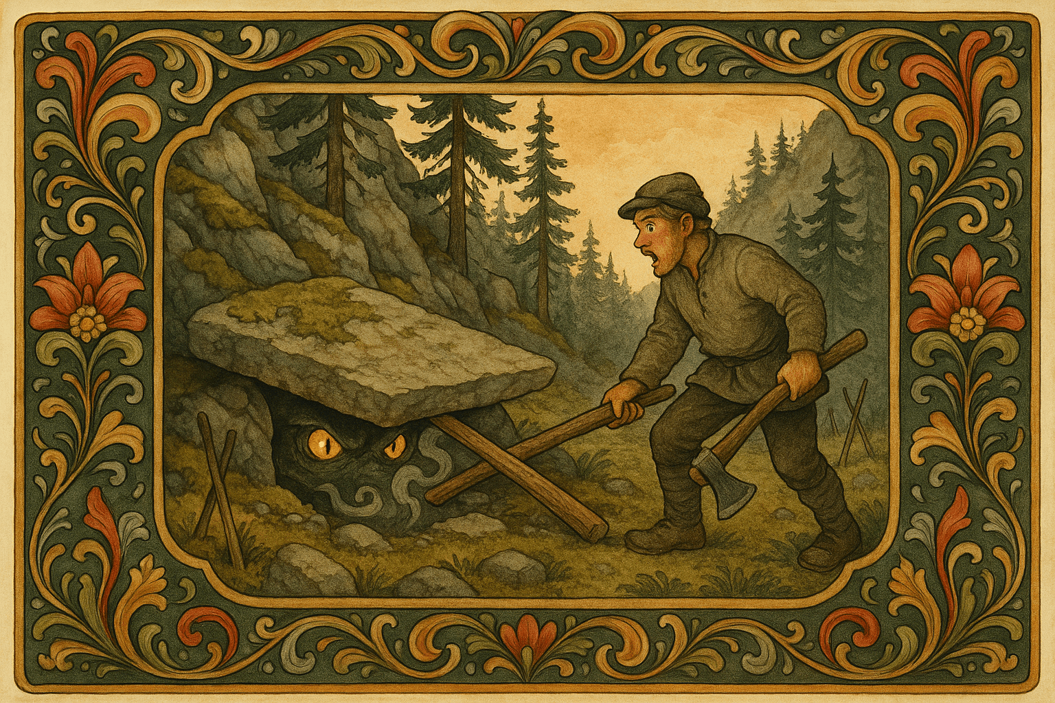 En mann på fjellsida løfter en tung hellestein med en hjemmelaget våge, og en drage stikker frem øyne og snute under hellen i et furuskoglandskap. Stemningen er spent og dramatisk i skumringslys.