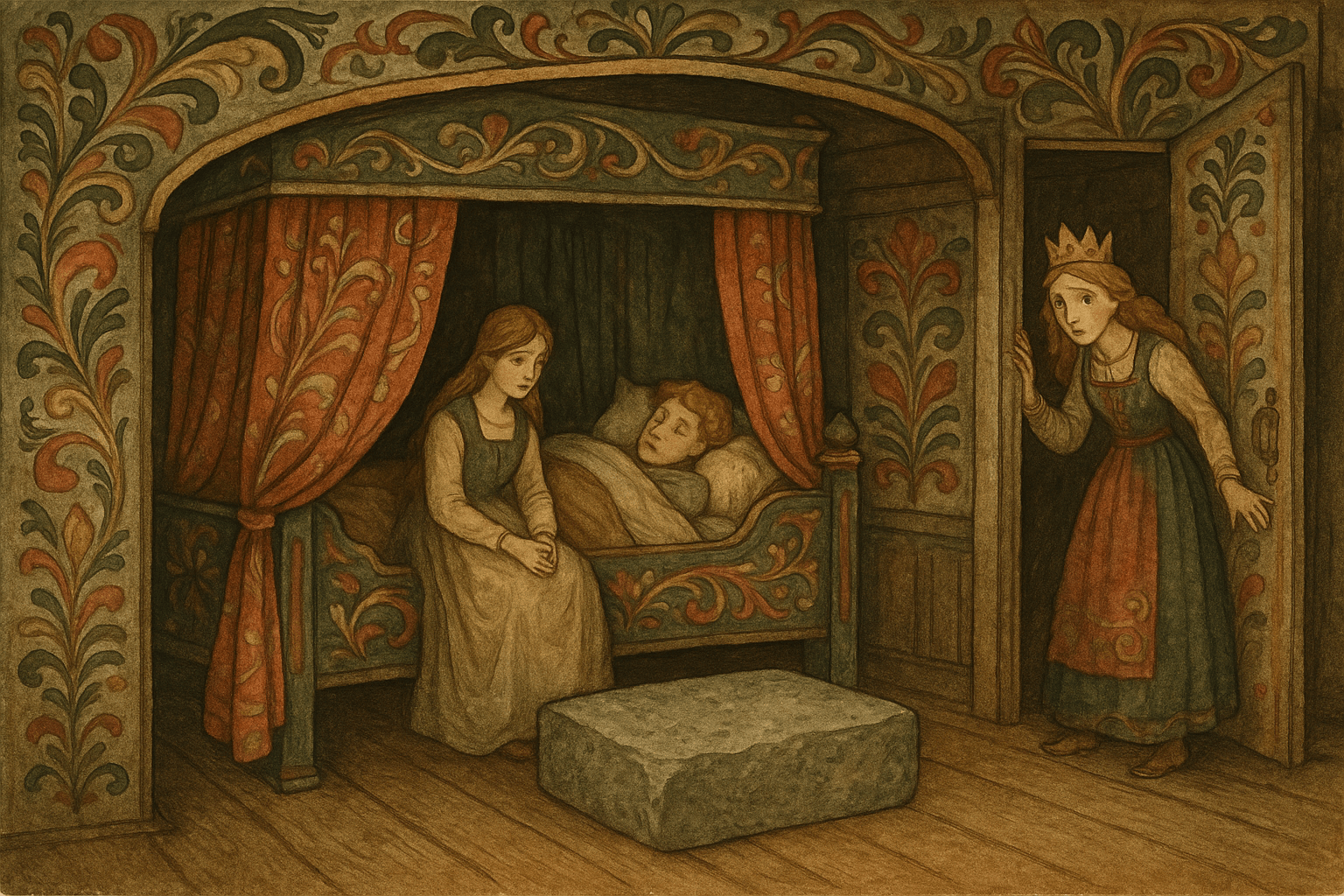 I et mørkt sengekammer står steinen ved fotenden av sengen; Åse sitter ved siden av den sovende prinsen mens prinsessen titter i døråpningen. Scenen viser spenning og list om natten.