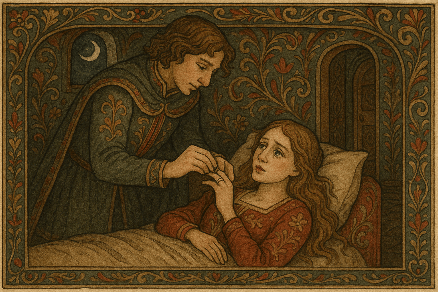 Midt på natten setter prinsen en trang ring på Åses finger mens måneskinn faller inn. Åse ser både redd og håpefull ut.