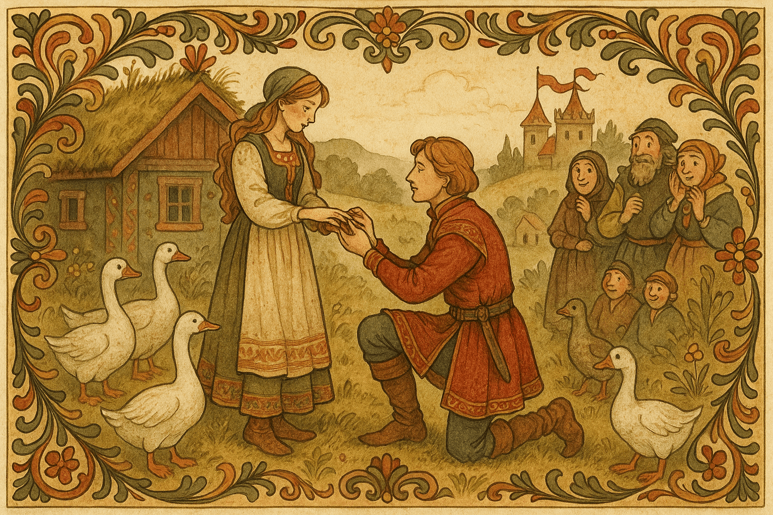 I sollys ved gården tar prinsen av fillen fra Åses finger og finner ringen, mens gjess og folk ser på. Kongsgården skimtes i bakgrunnen som tegn på bryllupet som kommer.