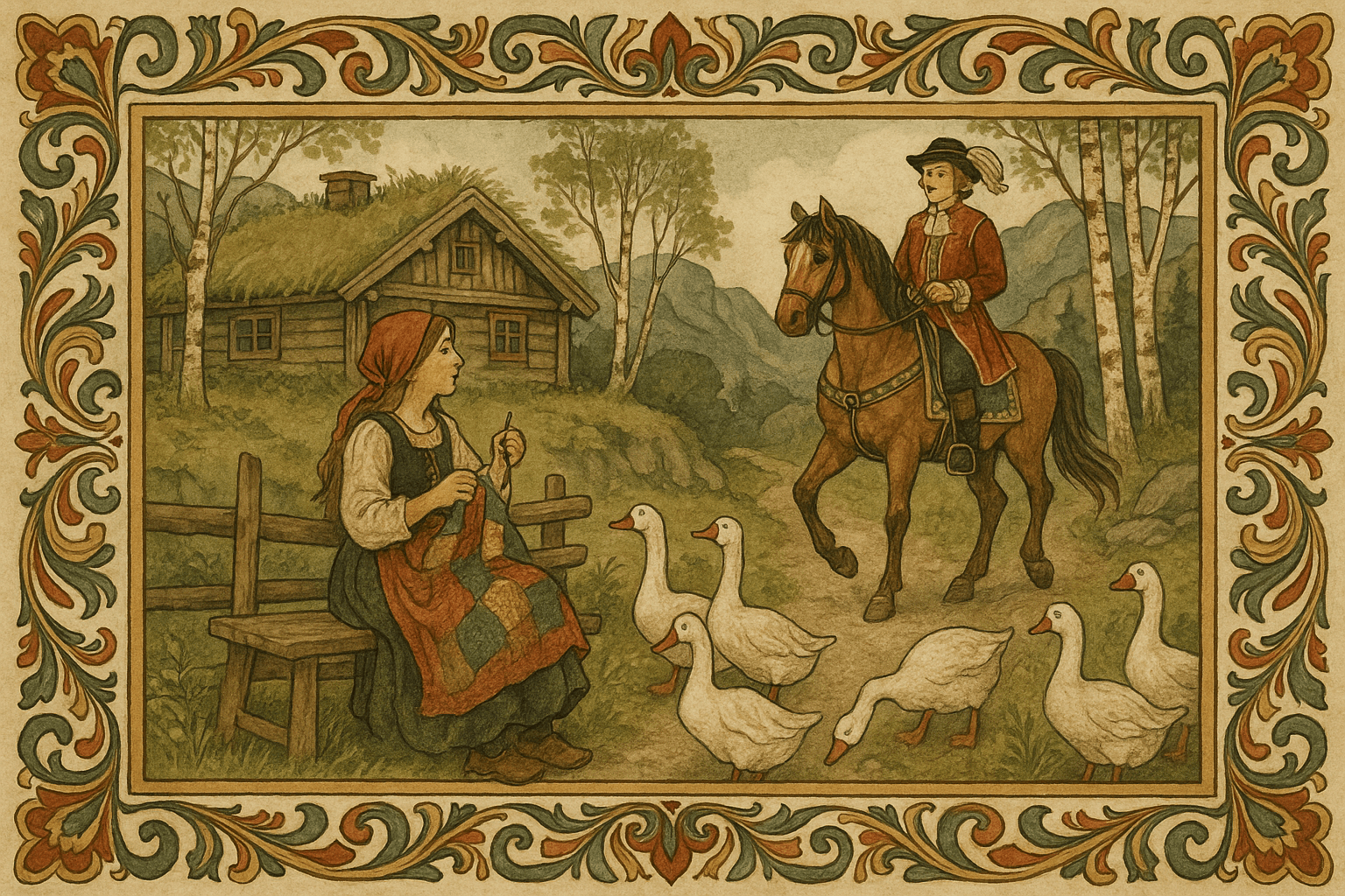 Åse sitter ved gjessene og reparerer klær, mens en kongssønn på hest kommer mot gården. Enkle hus med torvtak og bjørker omgir dem.