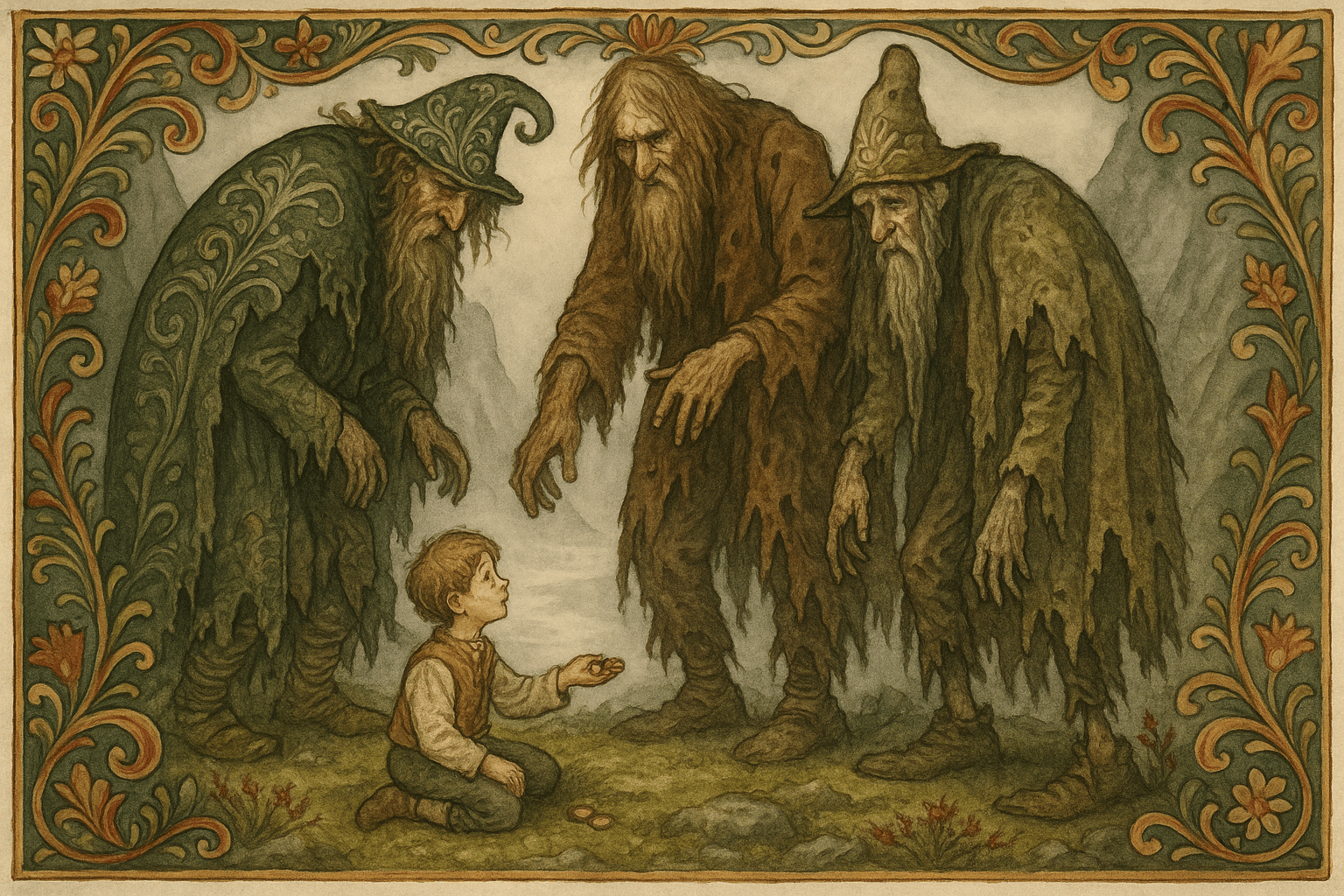 Veslefrikk sitter på en moseete slette og rekker skillingene sine til tre store, fillete fattigmenn som kommer ut av tåka i fjellet.