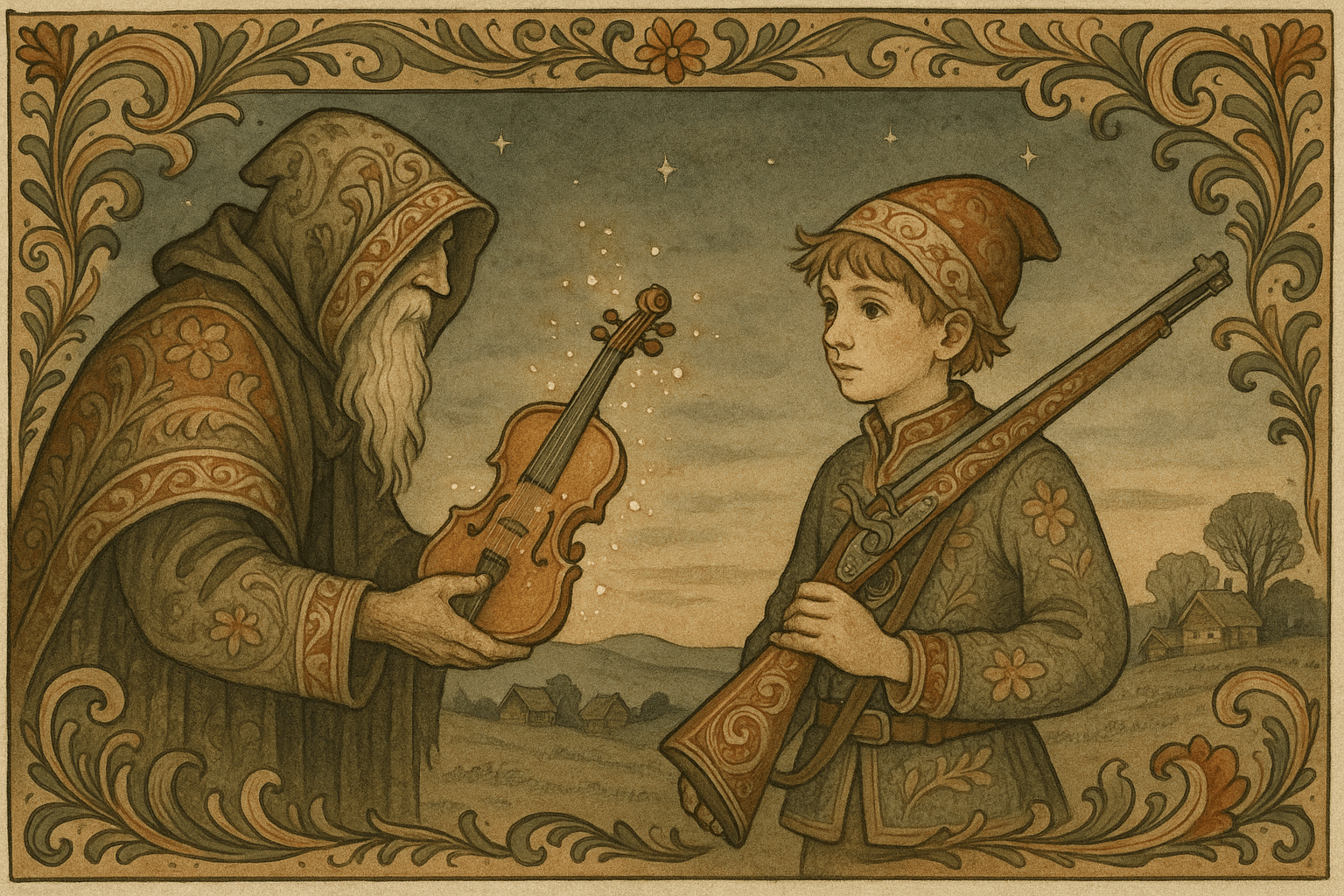 Den samme fattigmannen gir Veslefrikk en fele og en børse på en vidåpen fjellhylle i skumringen, mens han gir ham den siste gaven.