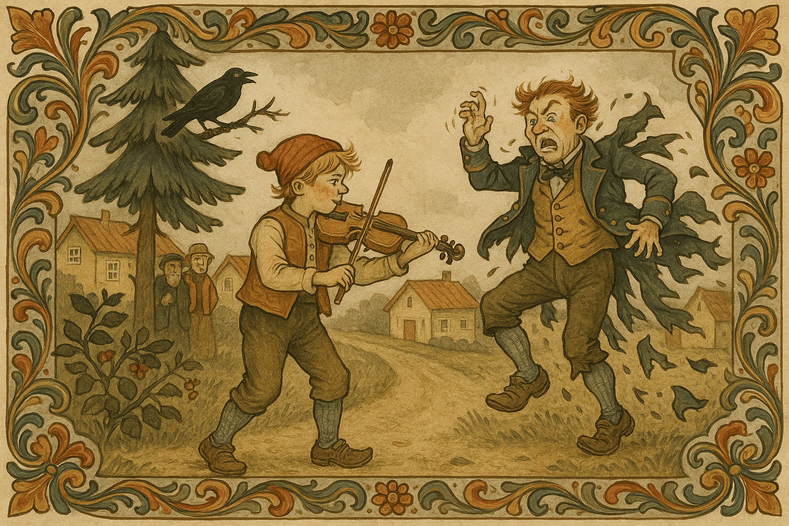 Veslefrikk skyter skjæra i grana og begynner å spille fele; lensmannen, som står i nærheten, tvinges til å danse til klærne hans ryker i filler.