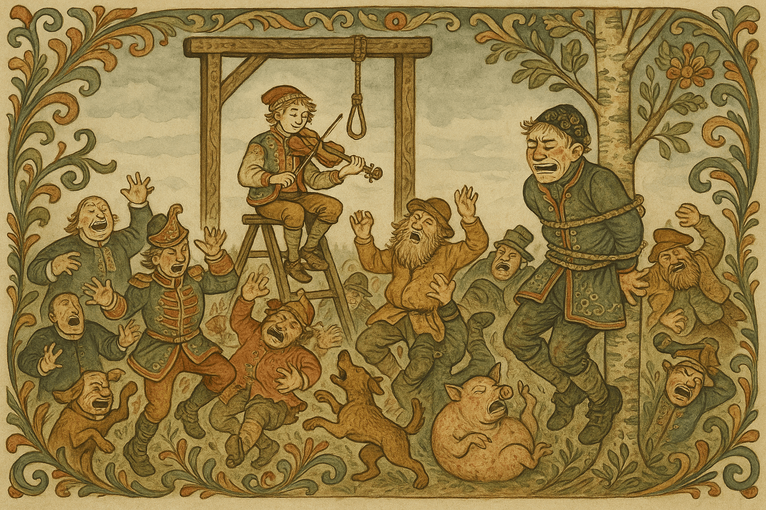 På galgen spiller Veslefrikk fele mens hele folkemengden og dyr danser ute av seg; lensmannen er bundet til en bjerk og skurer ryggen mot treet i dansens villhet.