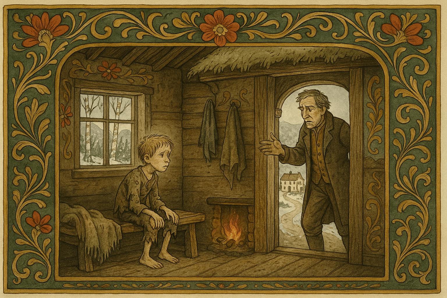 En skrøpelig gutt i fillete klær sitter i en enkel husmannsstue mens faren, bekymret, peker mot veien mot lensmannsgården utenfor.